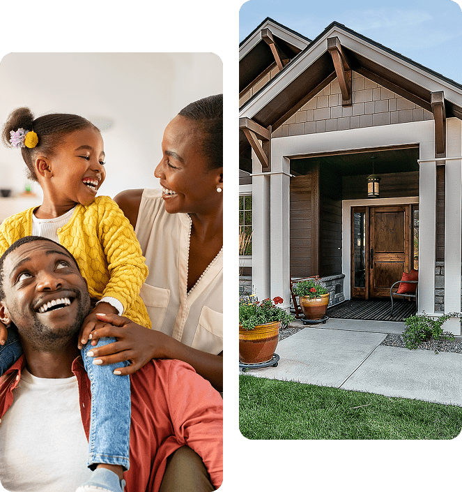 A family enjoys time together; a child in a yellow sweater sits on a man's shoulders, smiling. Adjacent is a modern house entry with a wooden door and plants by the walkway.
