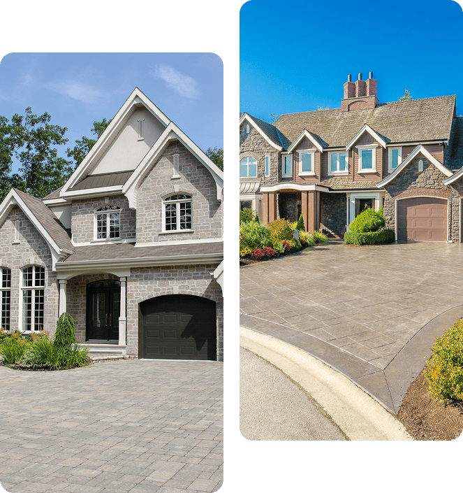 Two images of suburban stone facade houses with gable roofs. Left: single garage. Right: two-car garage and chimney. Both have paved driveways and landscaped gardens.